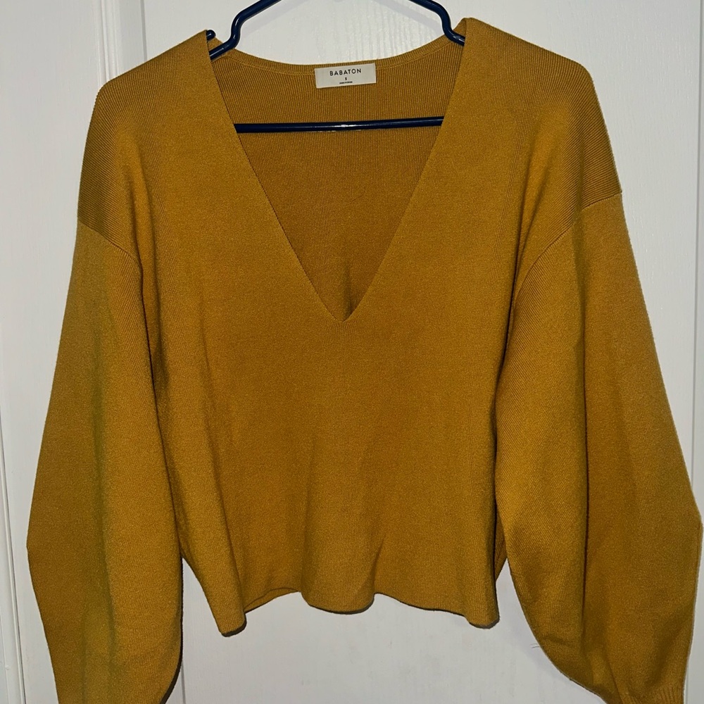 Babaton Yellow V-Neck Balloon Sleeve Sweater